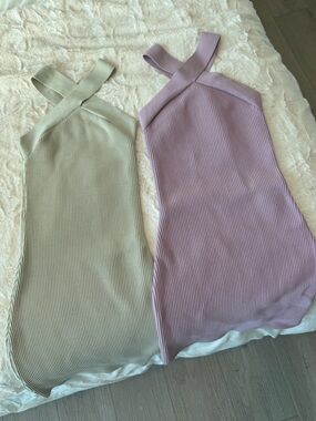 Bundle Babaton Bodycon Ribbed Cross-Strap Tank Dress Duo - Lavender & Beige